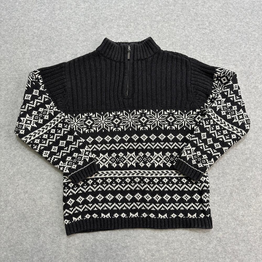 Lands' End Sweater Boys S(8) Gray White Fair Isle Knit Quarter Zip Long Sleeves